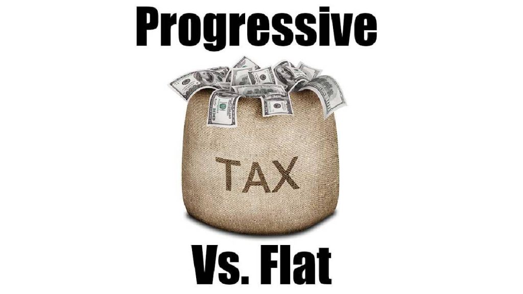 A split-background infographic compares flat and progressive tax systems. On the left, a flat tax is depicted with a single 10% rate applied to all income levels, illustrated by equal stacks of coins. On the right, a progressive tax shows increasing rates (10% to 37%) with taller coin stacks for higher incomes. A Macedonian flag and a calculator in the center symbolize tax compliance in North Macedonia.